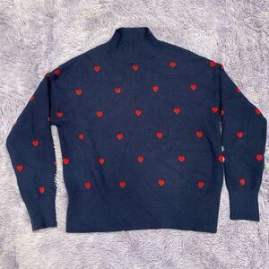 Truth by‎ Republic Navy Blue Mock Neck Sweater with Red Heart Pattern Knit